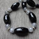 Collier onyx noir, perles agate grise, AG 925