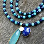 Long collier lapis lazuli, turquoises, pendentifs or